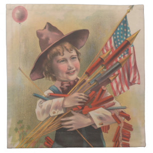 Boy with Fireworks, American Flag, Patriotic Print Cloth Napkin
