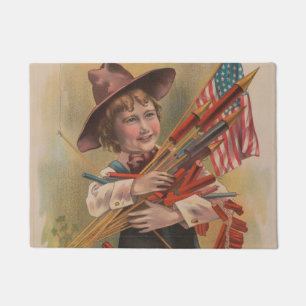 Boy with Fireworks, American Flag, Patriotic Print Doormat