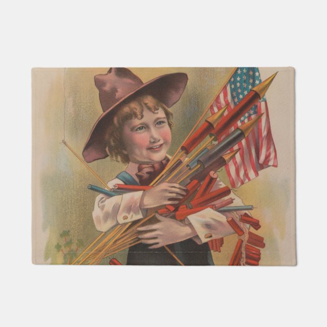 Boy with Fireworks, American Flag, Patriotic Print Doormat (Front)