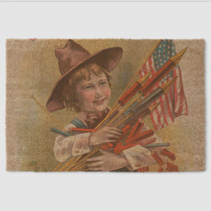 Boy with Fireworks, American Flag, Patriotic Print Fiber Doormat