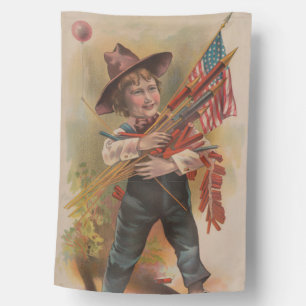 Boy with Fireworks, American Flag, Patriotic Print House Flag