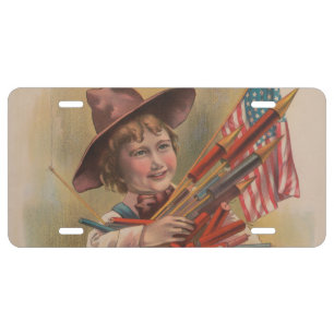 Boy with Fireworks, American Flag, Patriotic Print License Plate