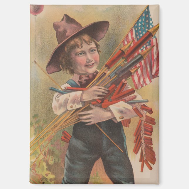 Boy with Fireworks, American Flag, Patriotic Print Magnet (Front)