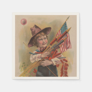 Boy with Fireworks, American Flag, Patriotic Print Napkins