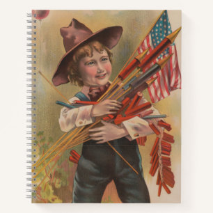Boy with Fireworks, American Flag, Patriotic Print Notebook