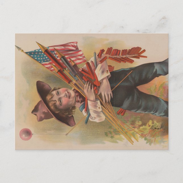 Boy with Fireworks, American Flag, Patriotic Print Postcard (Front)