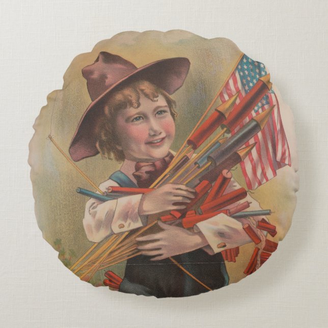 Boy with Fireworks, American Flag, Patriotic Print Round Pillow (Front)