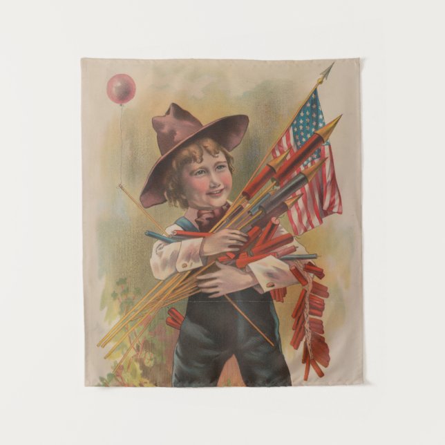 Boy with Fireworks, American Flag, Patriotic Print Tapestry (Front)