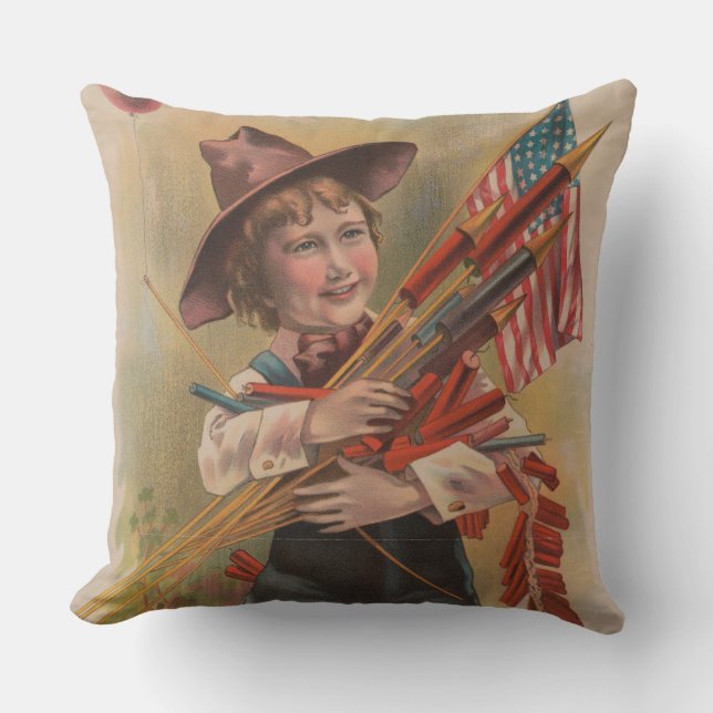 Boy with Fireworks, American Flag, Patriotic Print Throw Pillow (Front)