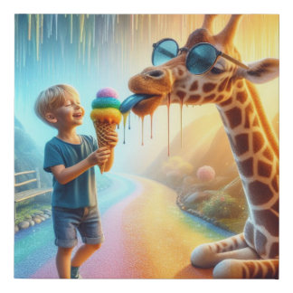Boy with Giraffe  Faux Canvas Print