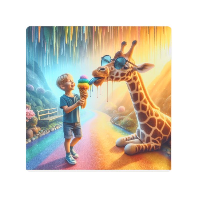 Boy with Giraffe  Metal Print (Front)