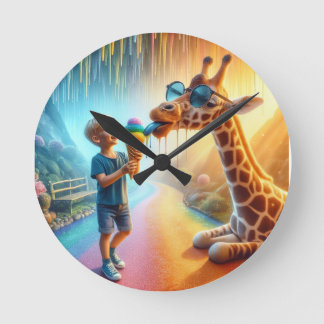 Boy with Giraffe Round Clock