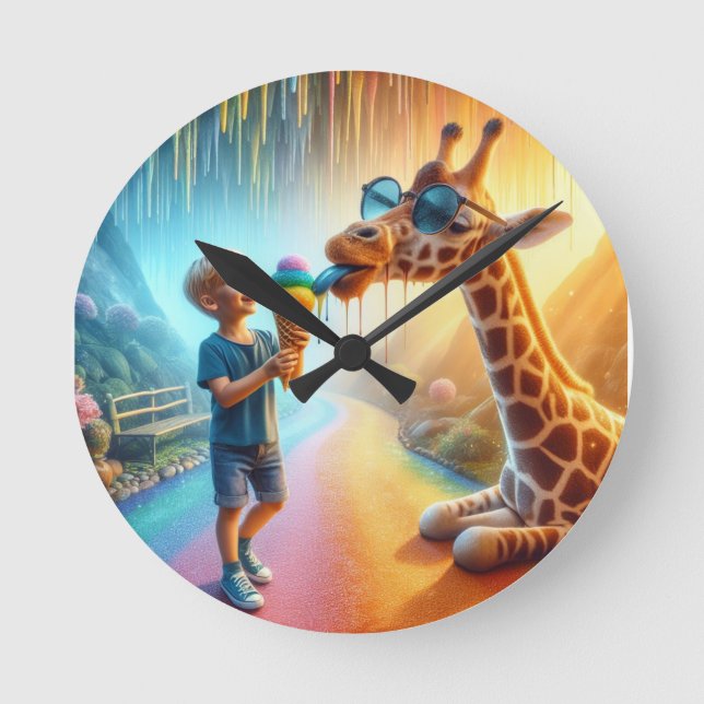 Boy with Giraffe  Round Clock (Front)