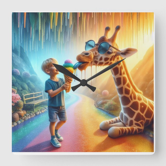Boy with Giraffe  Square Wall Clock (Front)