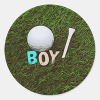 Boy with golf ball and tee on grass Sticker