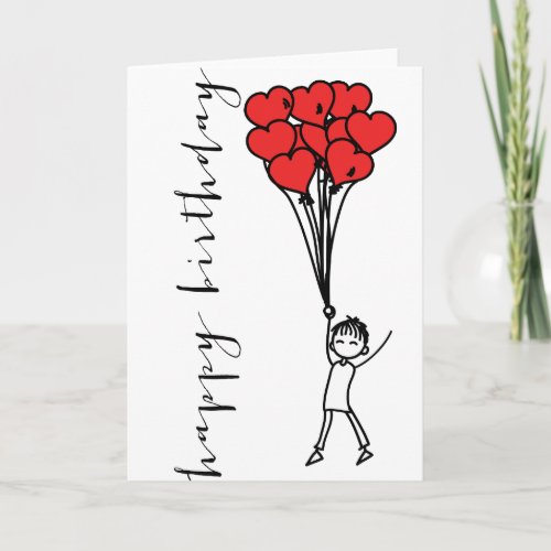 Boy with Heart Balloons Doodle Happy Birthday Card