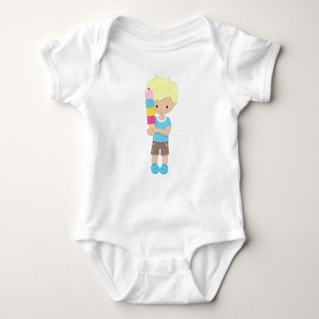 Boy With Ice Cream, Blond Hair, Ice Cream Cone Baby Bodysuit (Front)