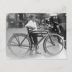 Boy with old Bicycle vintage B&W photo Postcard