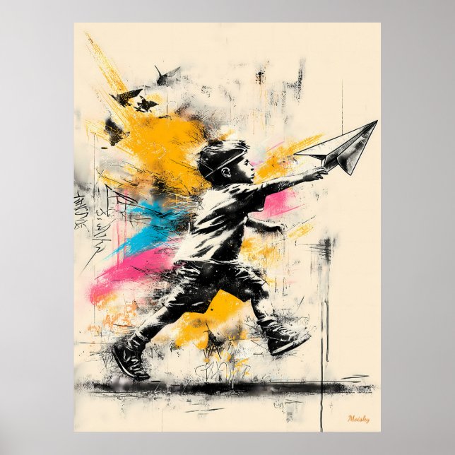 Boy with Paper Plane – Street Art Graffiti Poster (Front)