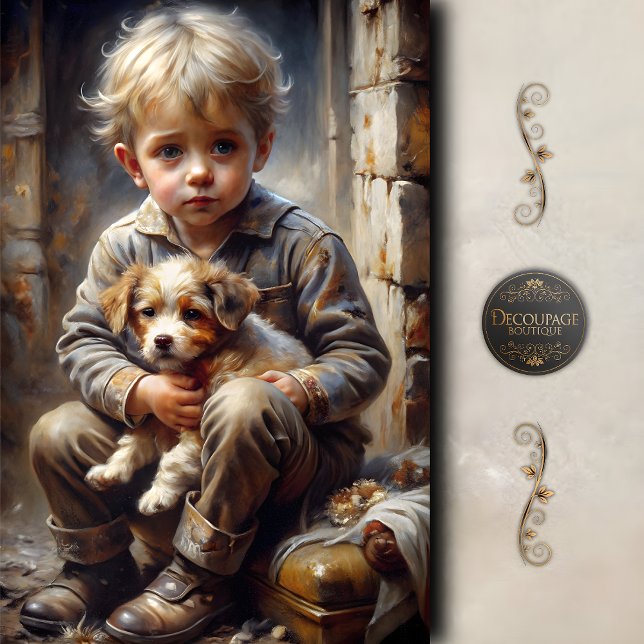 Boy with Puppy Rustic Vintage Decoupage Tissue Paper (Boy with Puppy Rustic Vintage Decoupage Tissue Paper)