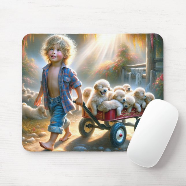 Boy With Red Wagon And Golden Retriever Puppies Mouse Pad (With Mouse)