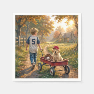 Boy with Red Wagon and Golden Retriever Puppy Napkins