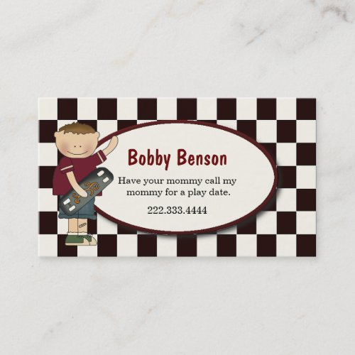 Boy with Skateboard Checked Play Date Card Business Card
