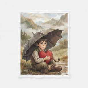Boy with Umbrella and Red Heart Cozy Fleece Blanke Blanket