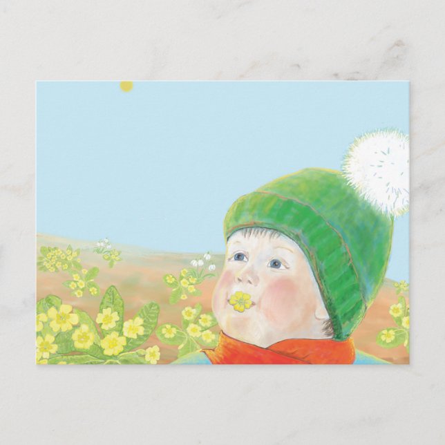 Boy with  Wild Primroses  Holiday Postcard (Front)