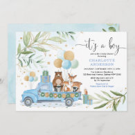 Boy Woodland Animal Blue Gold Greenery Baby Shower Invitation