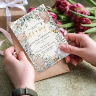 Boy Woodland Animals Bear Watercolor Baby Shower Invitation