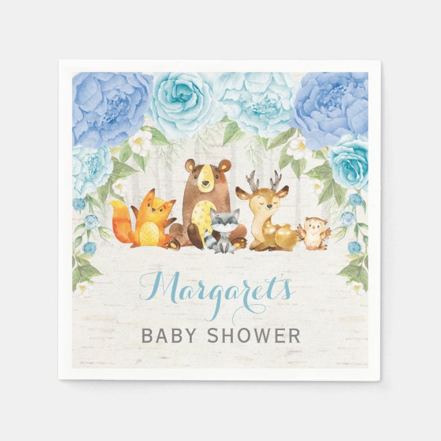 Boy Woodland Animals Dusty Blue Floral Baby Shower Napkins (Front)