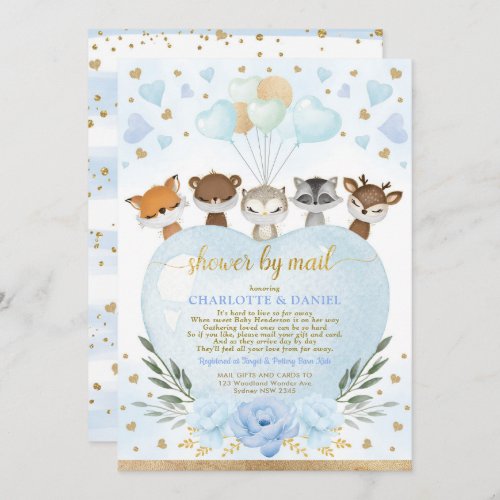 Boy Woodland Baby Shower By Mail Blue Gold Hearts Invitation