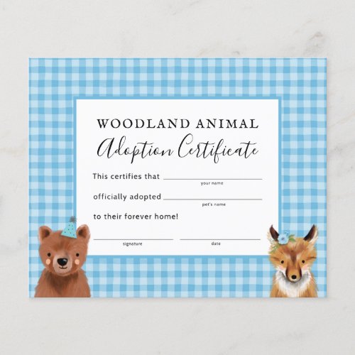 Boy Woodland Birthday Party Adoption Certificate