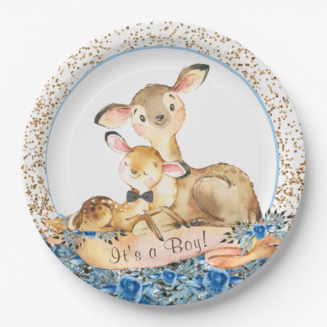Boy Woodland Deer Baby Shower Paper Plates (Front)