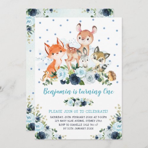 Boy Woodland Forest Navy Blue Floral 1st Birthday Invitation