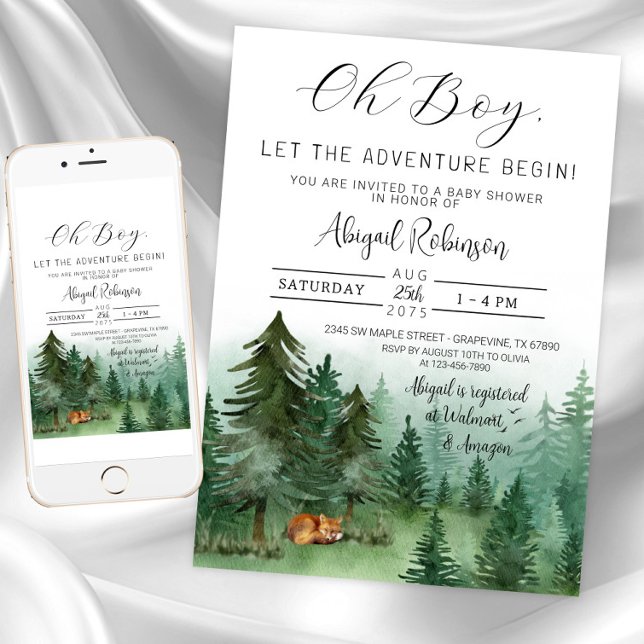 Boy Woodland Fox Oh Boy Baby Shower Invitation (Boy adventure begins baby shower invitation. Instant download and printed invitations available.)