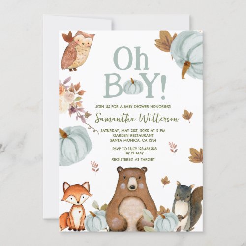 Boy Woodland Pumpkin Animals Baby Shower  Invitation