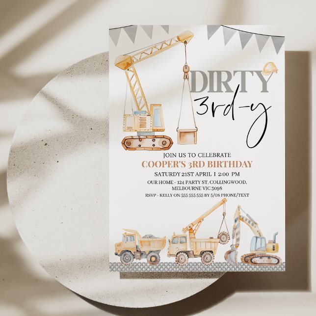 Boy Yellow Construction Dirty 3rd-y 3rd Birthday  Invitation (Editable Dirty 3rd-y Birthday Invitation Template, Construction Themed 3rd Birthday Invite Modern )