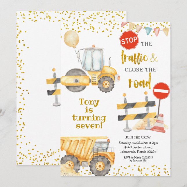 Boy Yellow Construction Trucks Birthday Invitation (Front/Back)