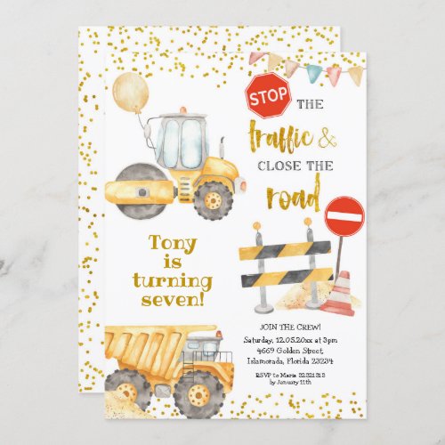 Boy Yellow Construction Trucks Birthday Invitation