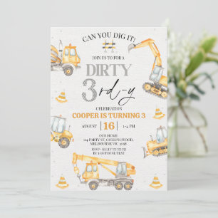 Boy Yellow Gray Construction Dirty 3rd-y Birthday  Invitation