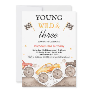 Boy Yellow Monster Truck Young Wild Three Birthday Invitation