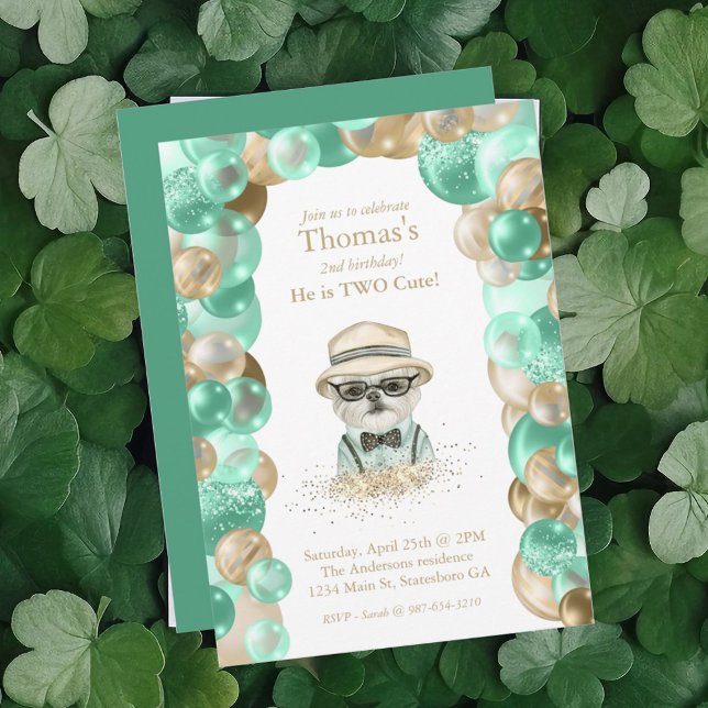 Boy Yorkie Two Cute Mint Gold Balloon Birthday Invitation (Creator Uploaded)