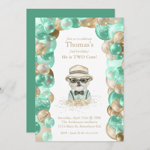 Boy Yorkie Two Cute Mint Gold Balloon Birthday Invitation