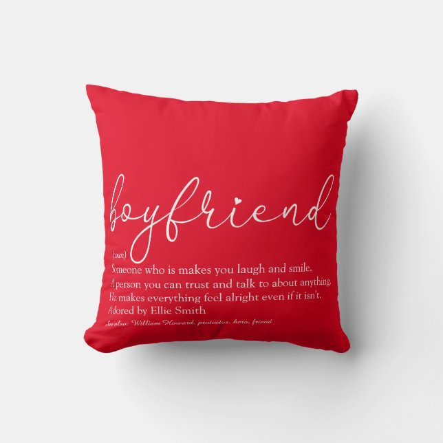 Boyfriend Definition Stylish Script Love Heart Red Throw Pillow (Front)
