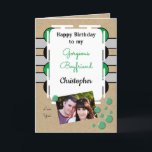 Boyfriend happy birthday green gray photo rustic card<br><div class="desc">Happy Birthday to my Gorgeous Boyfriend.
Photo greeting card for him.
Tell your boyfriend he is amazing and you love him.
Gray,  green and black,  with two photos,  front and inside left.
*Kraft graphic effect background.
*Real Kraft card is not used</div>