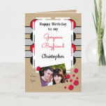 Boyfriend happy birthday red gray photo rustic card<br><div class="desc">Happy Birthday to my Gorgeous Boyfriend.
Photo by greeting card for him.
Tell your boyfriend he is amazing and you love him.
Gray,  red and black,  with two photos,  front and inside left.
*Kraft graphic effect background.
*Real Kraft card is not used</div>