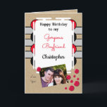 Boyfriend happy birthday red grey photo rustic card<br><div class="desc">Happy Birthday to my Gorgeous Boyfriend.
Photo greeting card for him.
Tell your boyfriend he is amazing and you love him.
Grey,  red and black,  with two photos,  front and inside left.
*Kraft graphic effect background.
*Real Kraft card is not used</div>