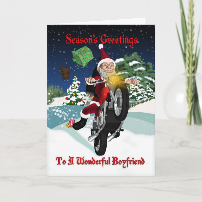 Boyfriend Motorcycle Santa With Flying Gifts Holiday Card (Front)